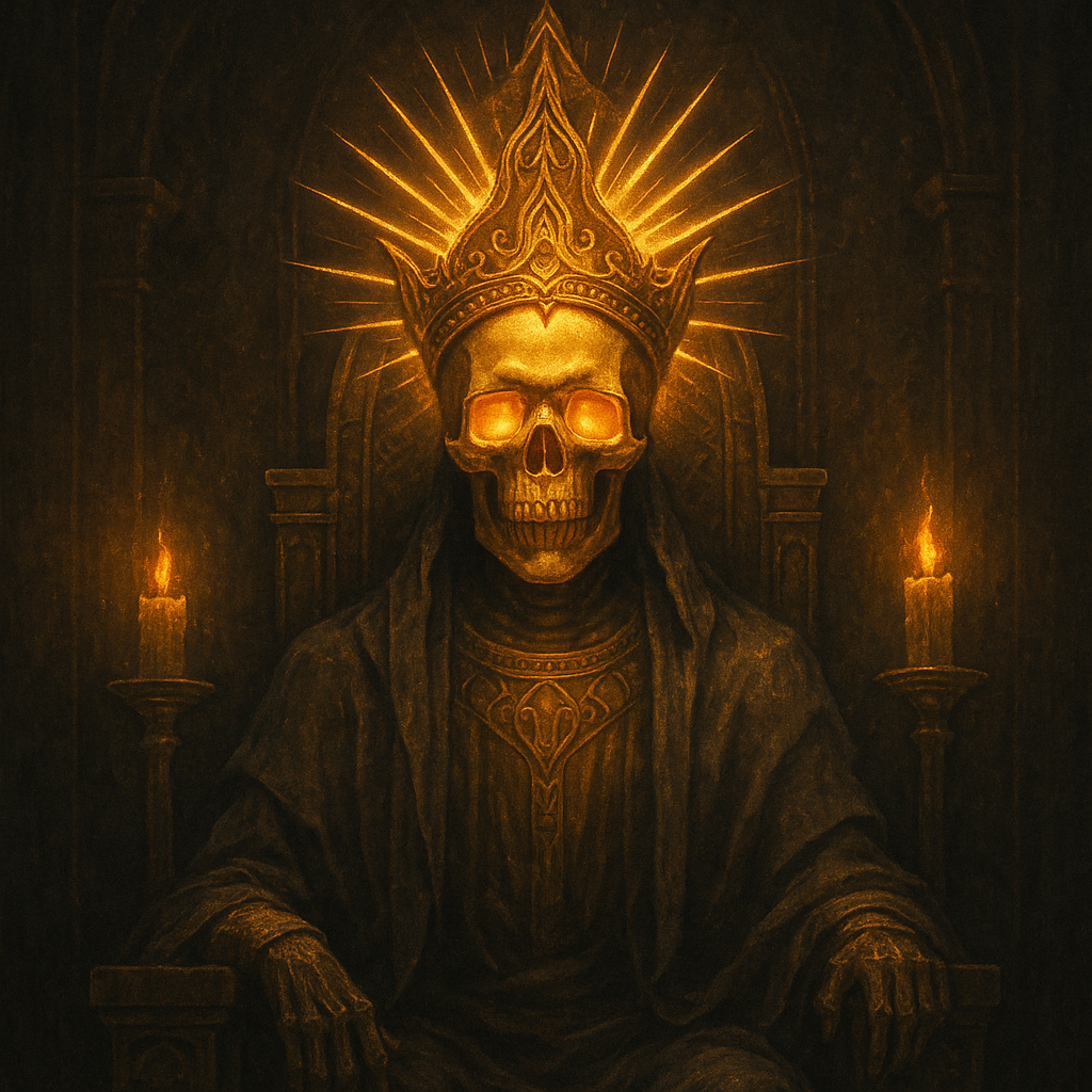 A glowing silicon skull wearing a crown of circuitry and light. Behind it, shattered stone tablets and digital rays emanate like a false halo. The background pulses with fractured code and synthetic glory.