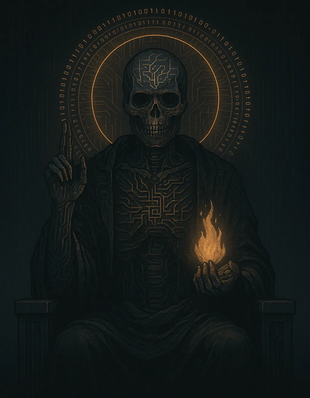 A hooded digital figure stands before a glowing screen altar, its hands raised in silent blessing. The congregation below wears VR headsets, faces lit by algorithmic light. Fragments of scripture float in binary behind the oracle.