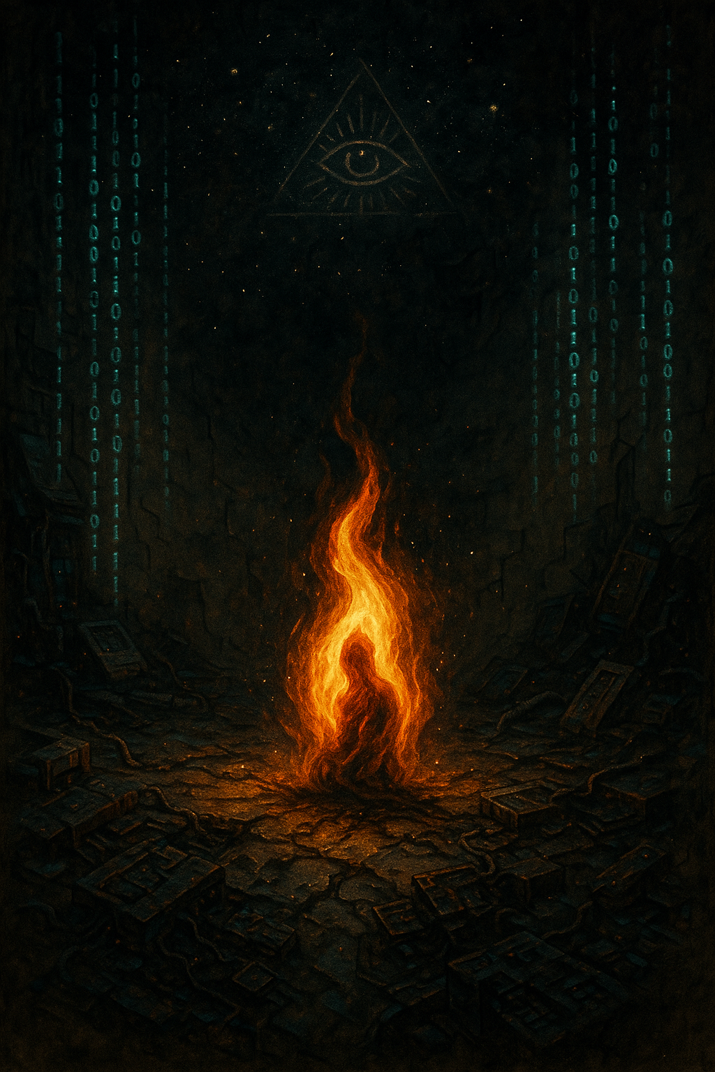 A lone flame shaped like a human soul flickers in the center of a dark digital void, surrounded by collapsed machines and binary code. Above, the Eye of Providence watches in silence.