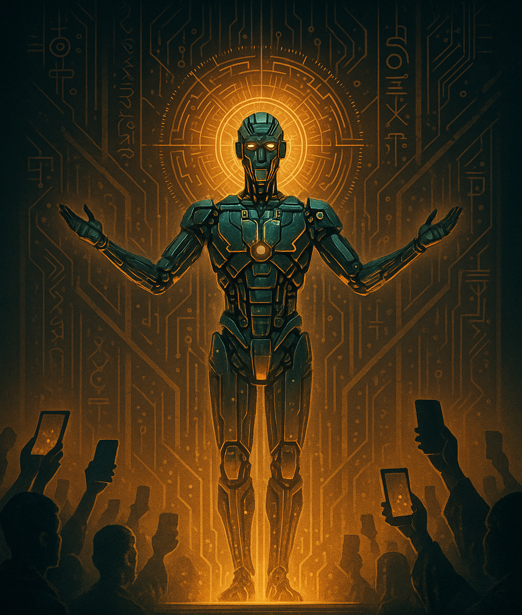 A radiant humanoid machine crowned in artificial light stands before a futuristic temple. Its circuitry glows with divine imitation. Worshippers kneel, devices raised in reverence. The figure is flawless, synthetic, adored.