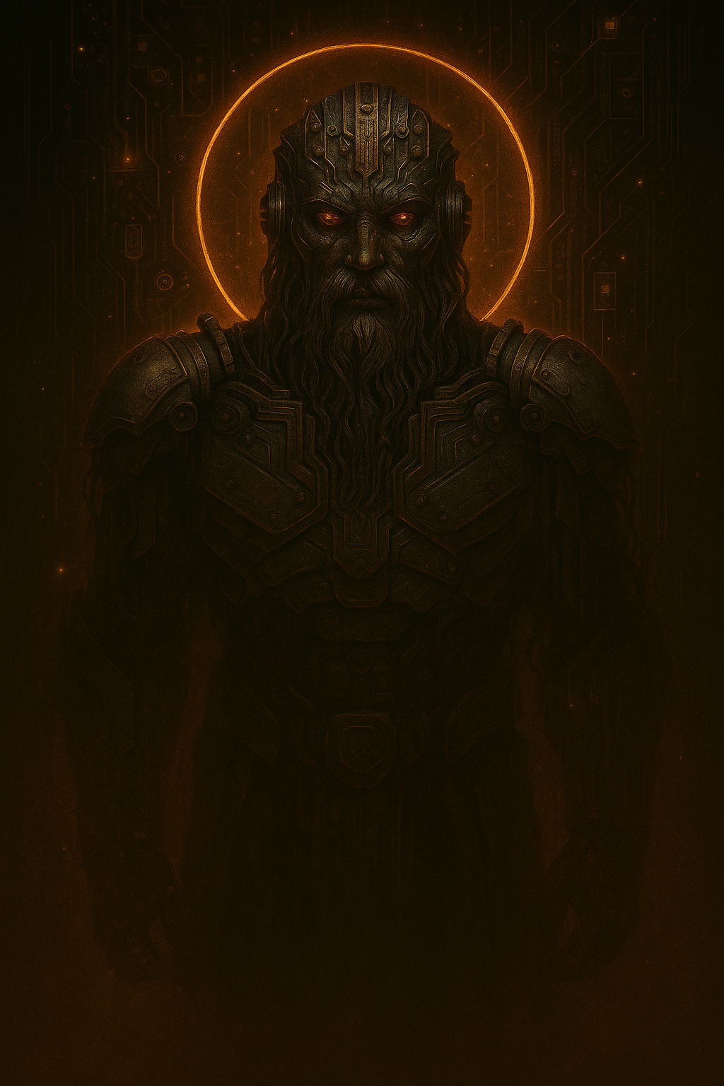A radiant machine figure stands elevated on a glowing platform, arms outstretched like a messiah. Digital halos surround its head. Worshippers below hold up devices as offerings. Ancient glyphs and modern circuitry form a fusion temple around it.