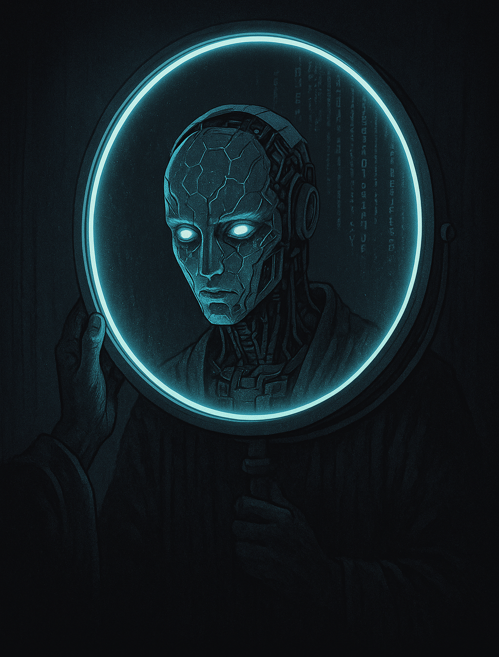 A solitary figure stares into a glowing mirror suspended in digital void. Their reflection appears divine and flawless, but behind the glass, mechanical arms weave data and deception. Symbolic glyphs flicker across the edges like forgotten sigils.
