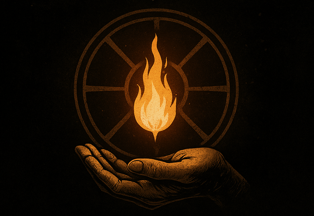 A hand holding a golden flame in front of a circular esoteric symbol. Gothic lettering reads: The Flame in the Dark - Gnosis in the Age of Simulation. Beneath: The Seal of the Uncoded Spark burns.