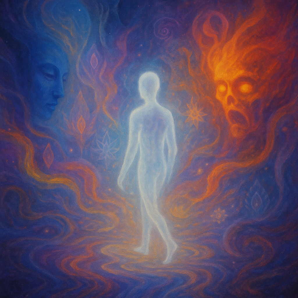 A translucent soul figure drifting through a surreal dreamscape of vivid, shifting shapes and lights, both beautiful and terrifying, evoking the bardo of becoming in Tibetan Buddhist imagery
