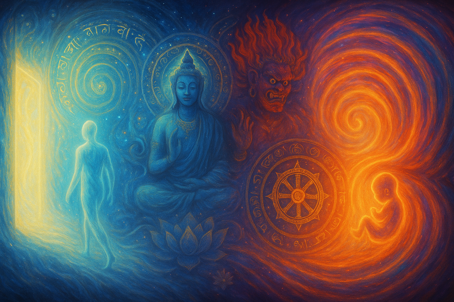 A radiant landscape of flowing light, peaceful and wrathful deities emerging from the mist, with a translucent soul figure crossing a glowing threshold, symbolising the bardo journey