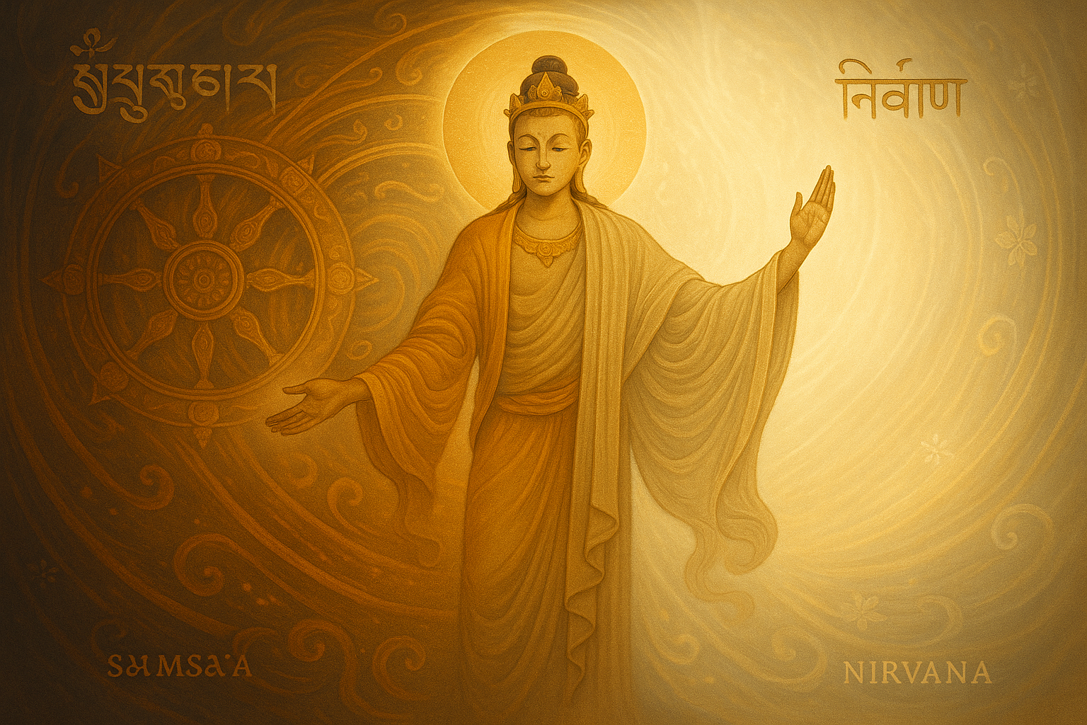 A radiant Bodhisattva figure standing at the edge of the cosmic wheel, one hand reaching back into the world, the other hand lifted toward NirvÄį¹a, surrounded by swirling light and gentle Tibetan motifs of compassion