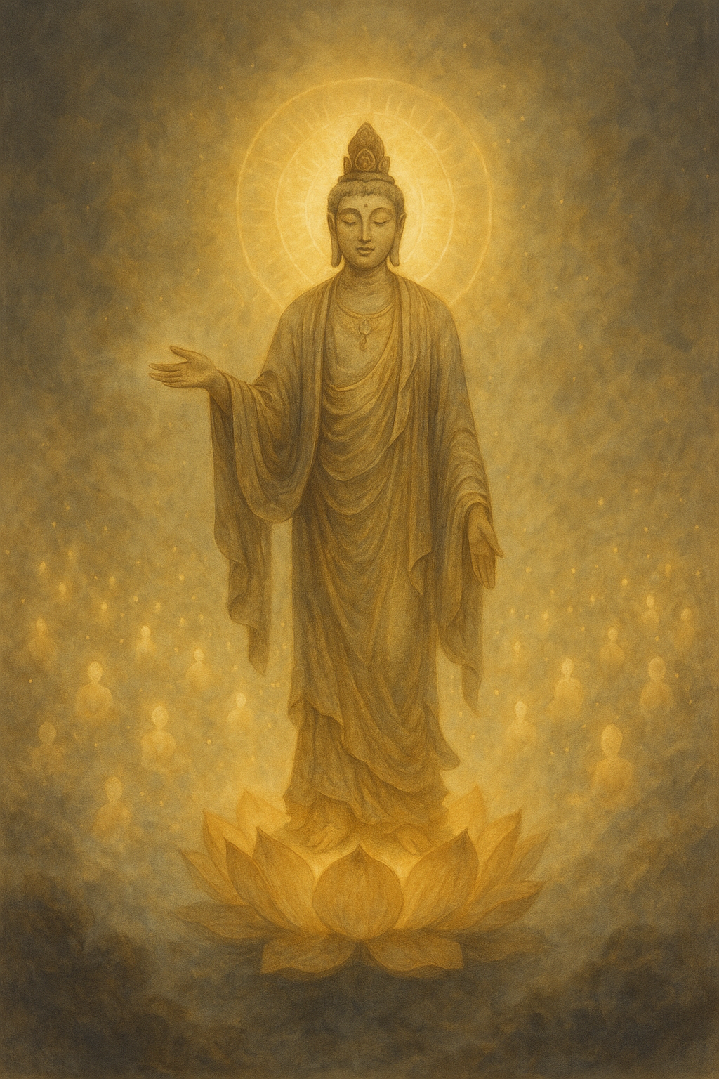 A radiant bodhisattva figure standing on a lotus in a misty world, surrounded by countless glowing souls, extending a hand of compassion, evoking the endless vow to save all beings