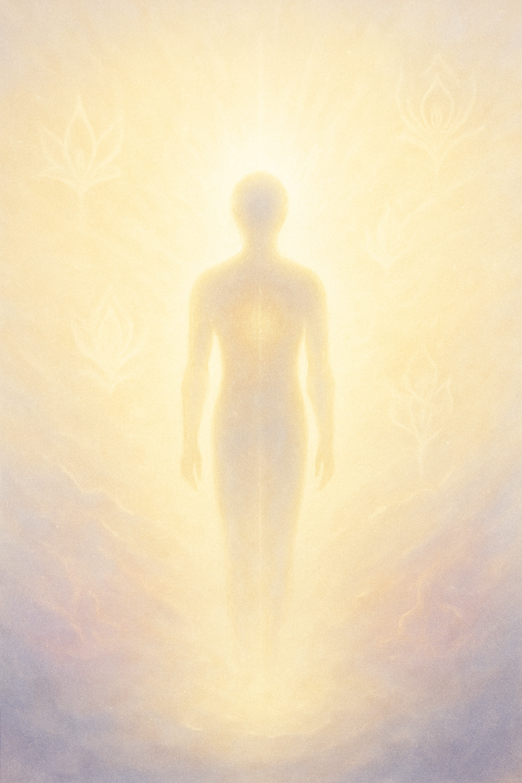 A radiant white-gold field of light with no boundaries, a small transparent soul-form dissolving into the luminous void. Lotus shapes ripple faintly through the glow. The atmosphere is still, silent, and infinite.