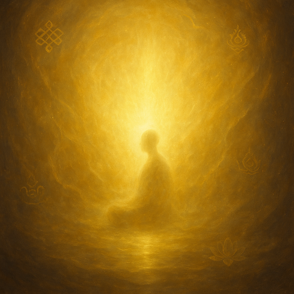 A glowing golden radiance filling an infinite space, with a translucent soul figure dissolving peacefully into the light, surrounded by subtle Tibetan symbols, evoking the clear light of death