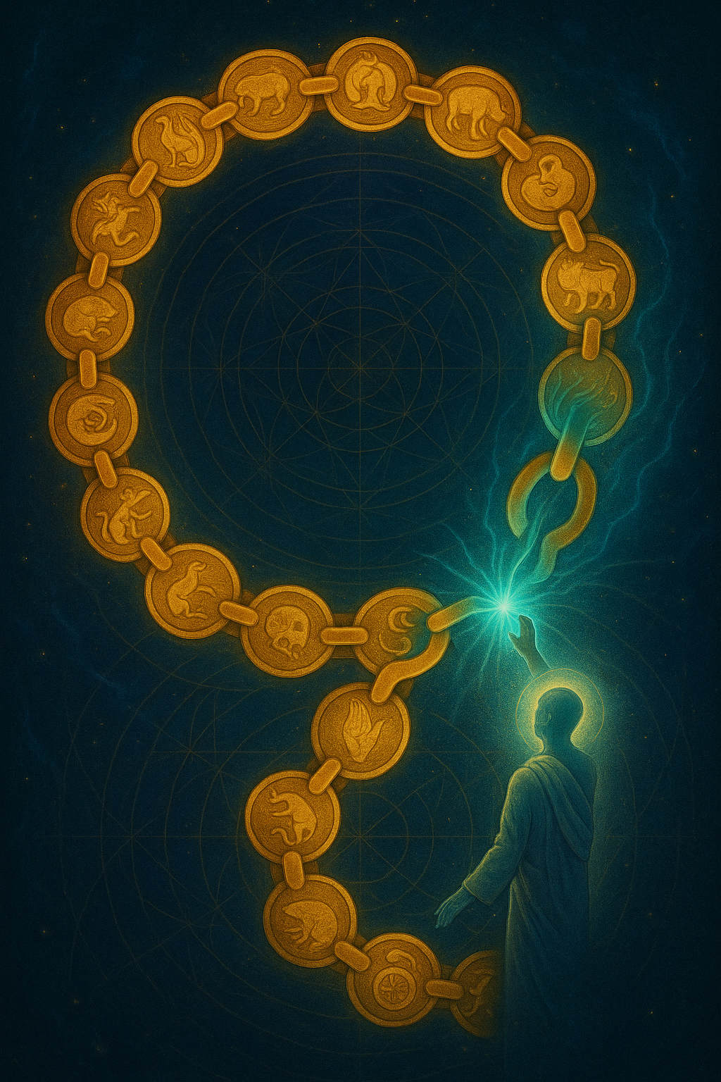 A golden karmic chain with 12 symbolic links spiraling through space, each link glowing with a distinct symbol, ignorance, craving, death, and rebirth, with a figure reaching to break the chain