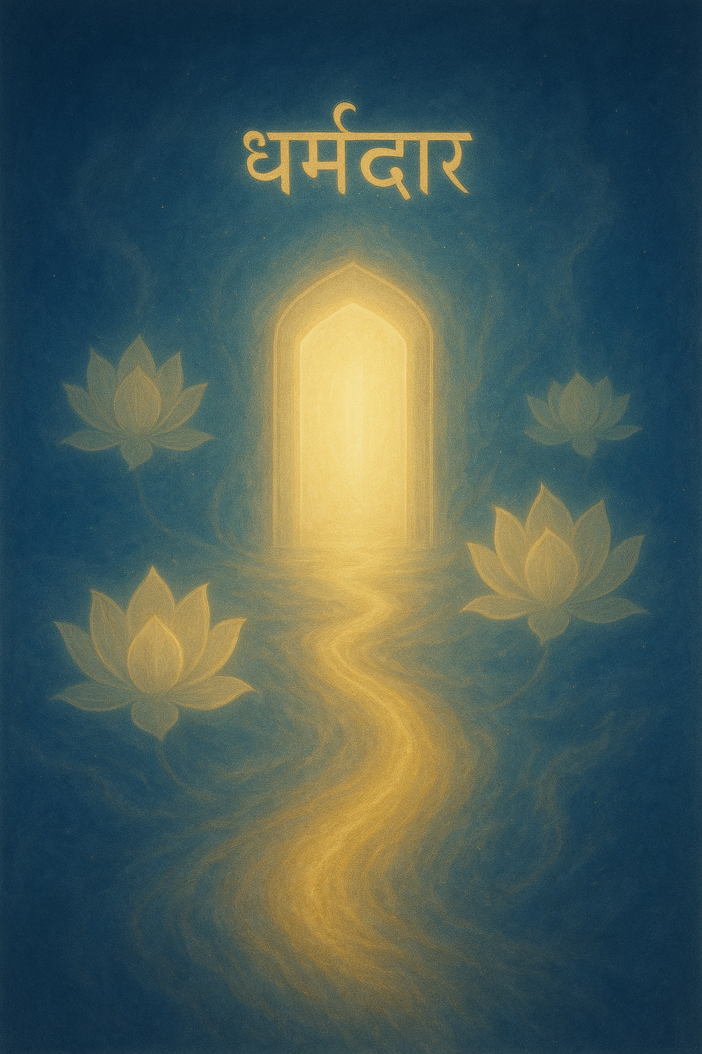A luminous Dharma gate shimmering in emptiness, surrounded by lotus petals and a radiant pathway