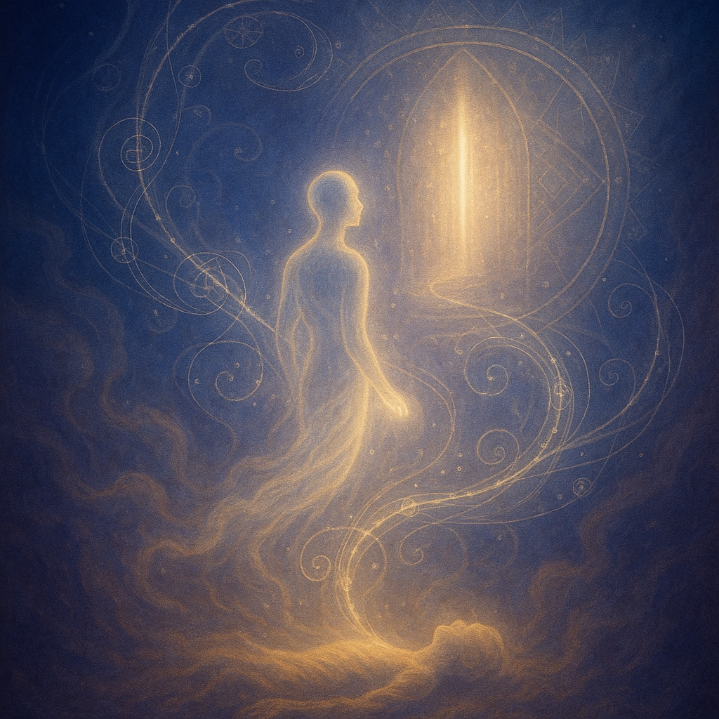 A radiant threshold of shimmering light between two worlds, one fading into shadow, the other into glowing mist. A soul-form drifts upward, leaving behind a dissolving body. Symbols of karma and memory swirl around.