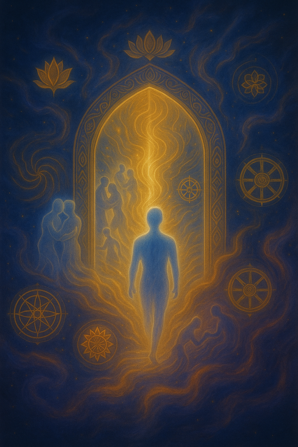 A shimmering gateway in a cosmic landscape, with swirling patterns of light pulling souls toward it, surrounded by lotus symbols and mandala wheels