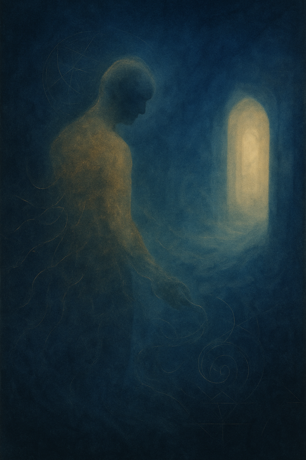 A soul figure drifting through cosmic mists, with threads of memory dissolving into shadow. A veil descends across a golden doorway in the distance, symbolizing spiritual amnesia.