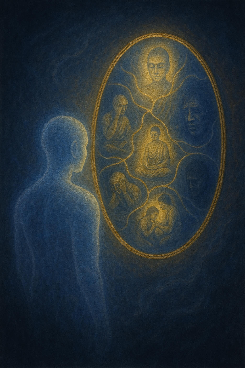 A luminous soul figure gazes into a radiant, ethereal mirror suspended in darkness. Inside the mirror swirl scenes of past actions, glowing threads of karma, and shadowy impressions. The space is silent and vast, lit by soft light in gold and sapphire.