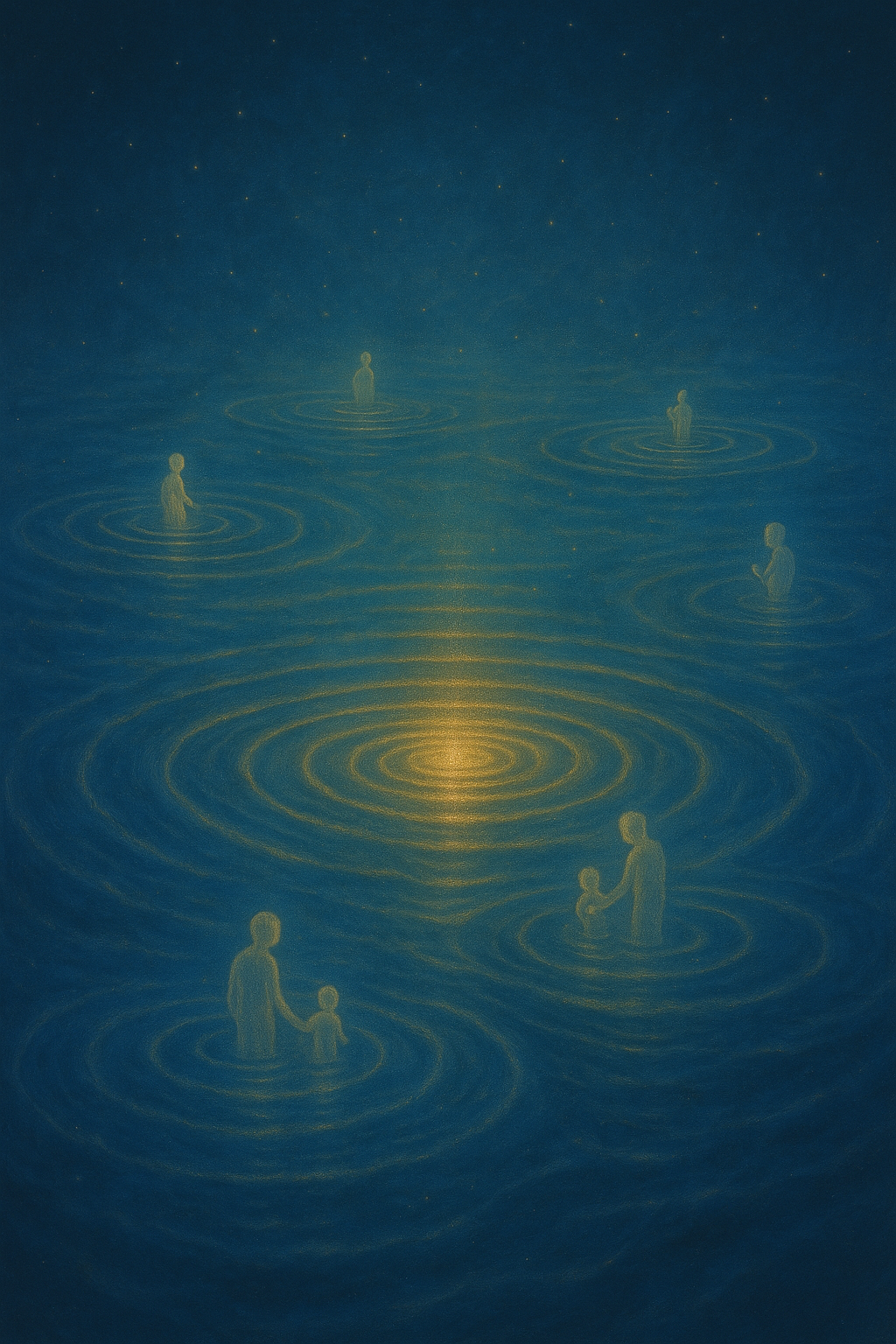 Rippling circles of light spreading across a cosmic sea, with tiny glowing beings riding the waves of action and consequence, shaped by their own reflections