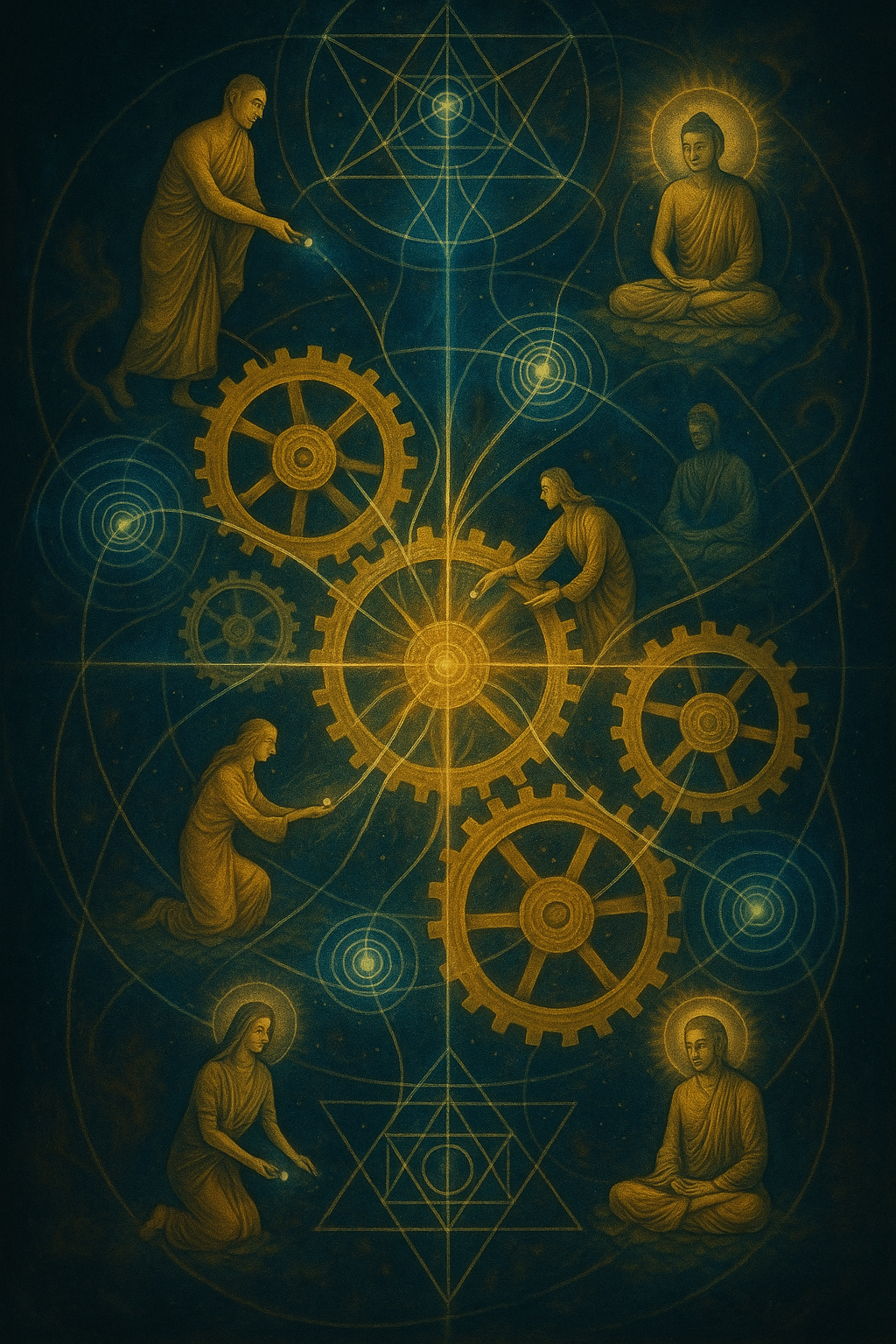 A cosmic machine of glowing gears powered by human intentions, with threads of light and shadow connecting lifetimes in a spiraling karmic web
