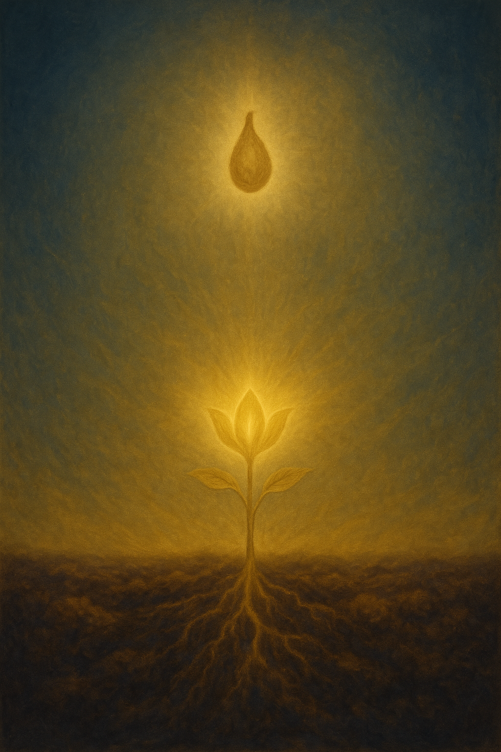A delicate seed falling onto rich soil, with golden light emerging from the sprout, symbolising karmic intention flowering into future experience