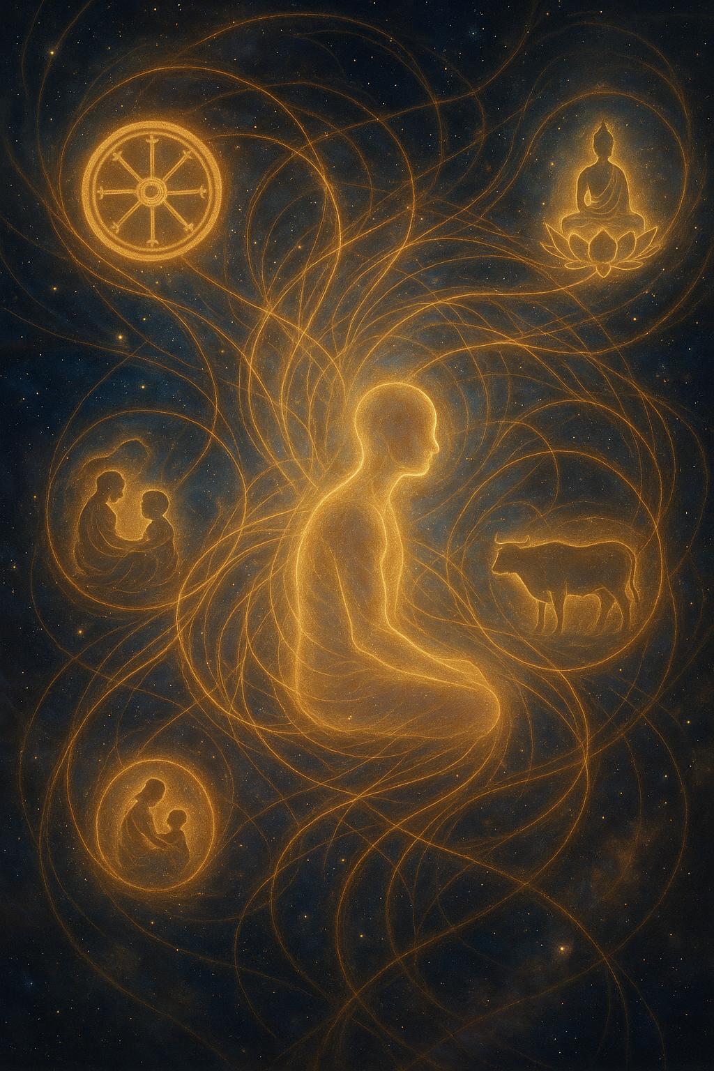 An intricate cosmic tapestry of luminous threads stretching through space, connecting a soul figure to multiple forms and worlds, symbolising karmic ties and the wheel of rebirth
