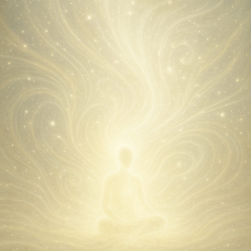 A radiant soul dissolving into a field of luminous clear light, merging with the infinite void, surrounded by shimmering patterns of peace and stillness