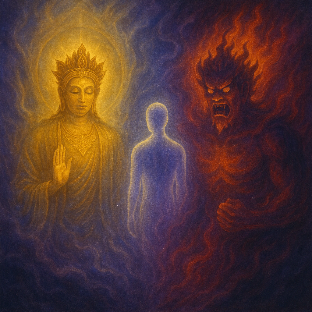 A radiant, multi-armed peaceful deity and a wrathful, flame-covered figure stand on either side of a glowing soul-form. Gold and crimson light floods the scene, with swirling shadows behind. The atmosphere is charged with awe, fear, and transcendence.