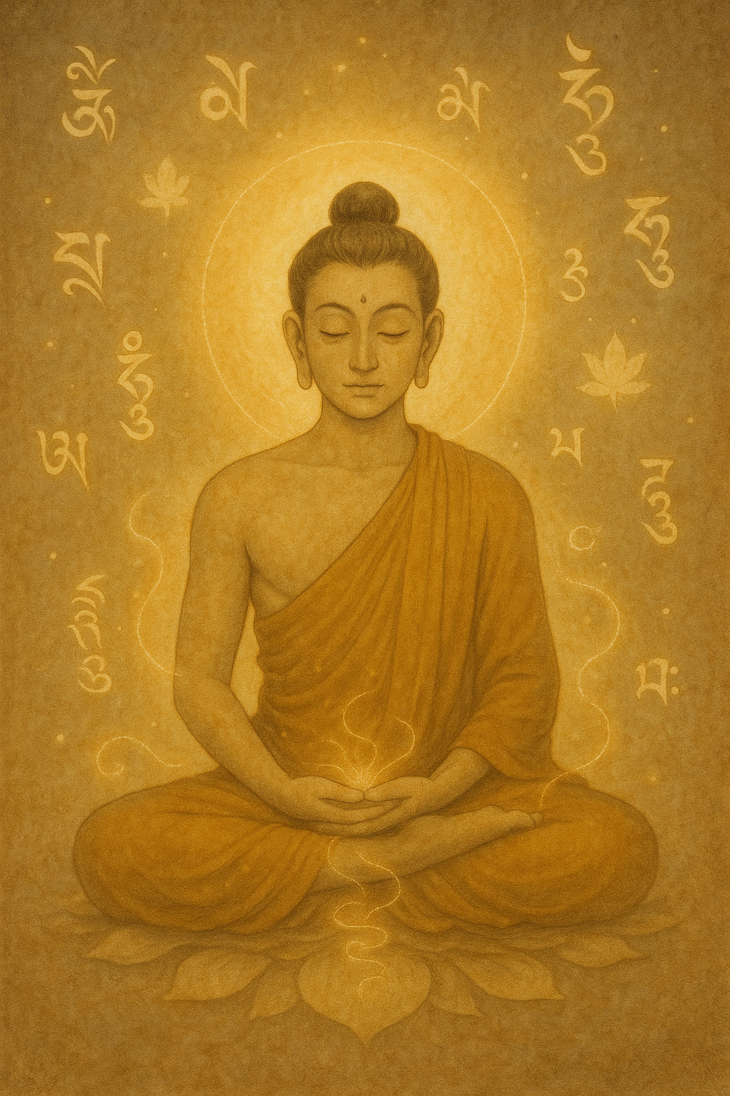 A peaceful meditating figure surrounded by soft golden light, dissolving attachments, preparing for the Bardo with calm awareness, with delicate Tibetan script symbols floating around