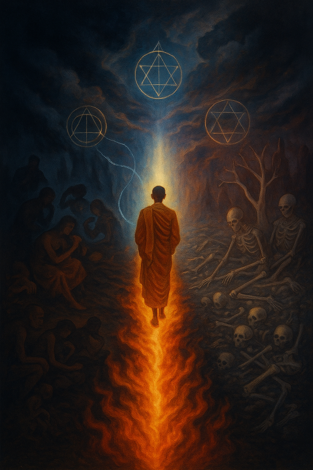 A solitary monk walks a radiant narrow path of fire between two vast chasms, one of indulgent shadows, the other of skeletal denial. Above him, golden light breaks through indigo storm clouds.