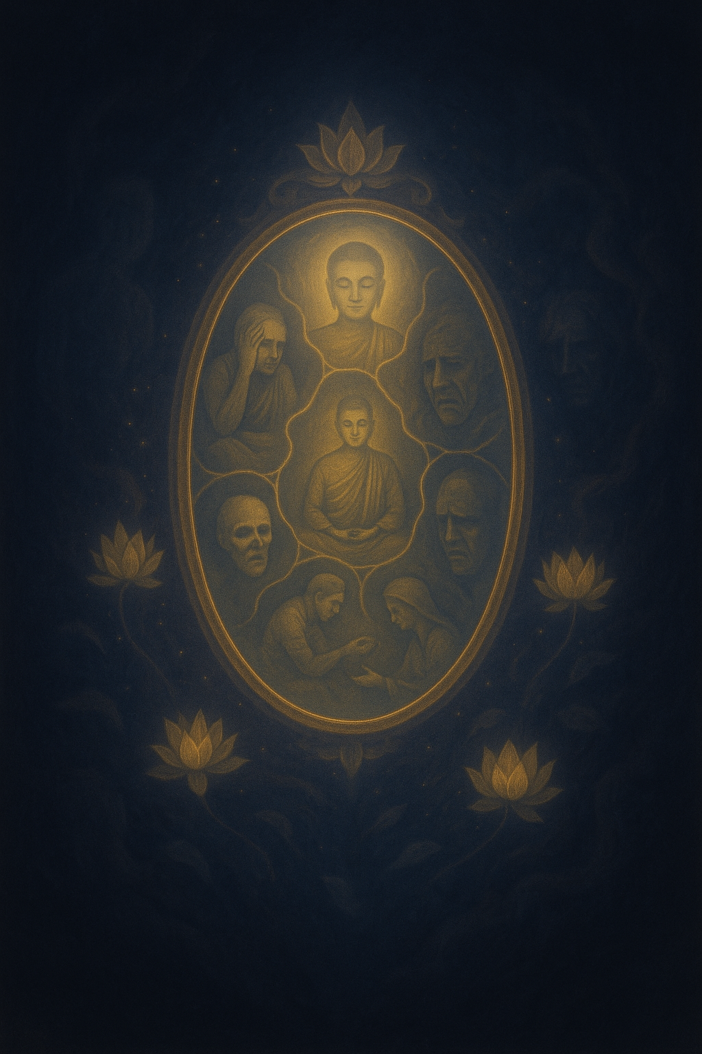 A luminous mirror floating in a vast void, reflecting shifting images of past deeds, with lotus flowers and shadows dancing around