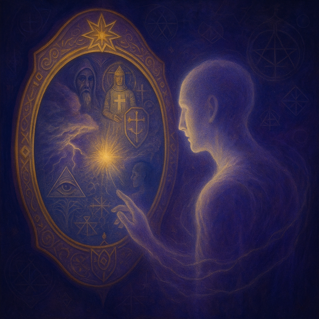 A luminous mirror floats in a dark void, reflecting shifting visions, a storm, a loved one, a shadowy figure, a golden light. A soul-form hovers before it, calm but uncertain. The atmosphere glows with violet, blue, and gold.