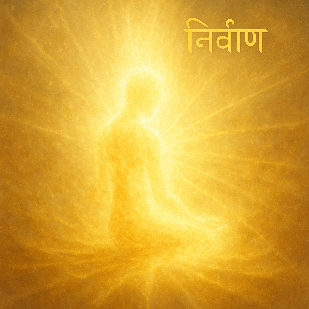 A luminous, dissolving human figure merging into pure light, beyond the wheel of samsara, surrounded by radiating golden emptiness and subtle Tibetan calligraphy of NirvÄį¹a