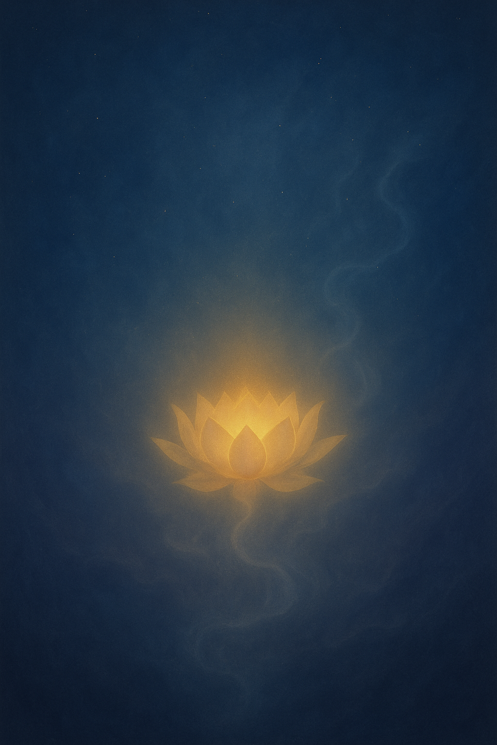 A luminous lotus floating in empty space, glowing softly, with delicate tendrils of mist dissolving into light, evoking peace, release, and the unbound