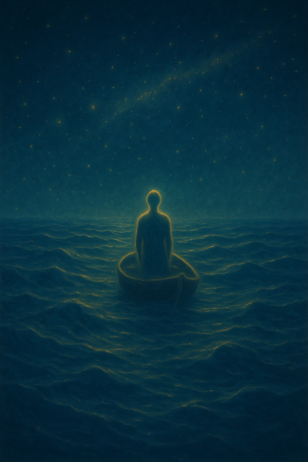 A lone figure adrift on a vast, endless ocean under a starry sky, waves shimmering with faint golden light, symbolising the vast cycle of samsÄra