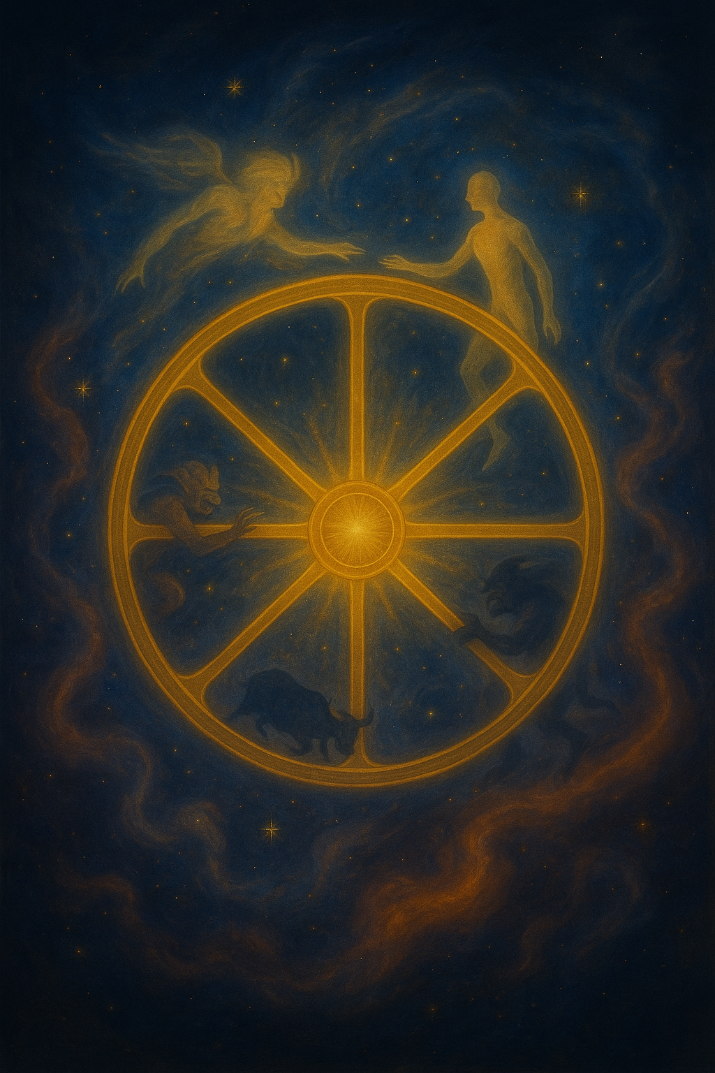 A vast, cosmic wheel turning endlessly through starry realms, with beings of many forms riding its spokes, some grasping, some reaching, some fading