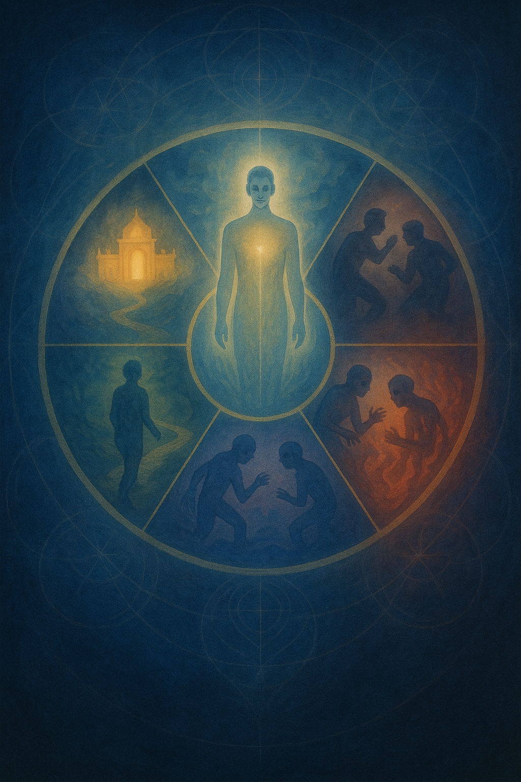 A cosmic wheel with six radiant and shadowy sections, each reflecting a different realm: god, demigod, human, animal, ghost, and hell. A figure stands at the center, seeing all realms as reflections.