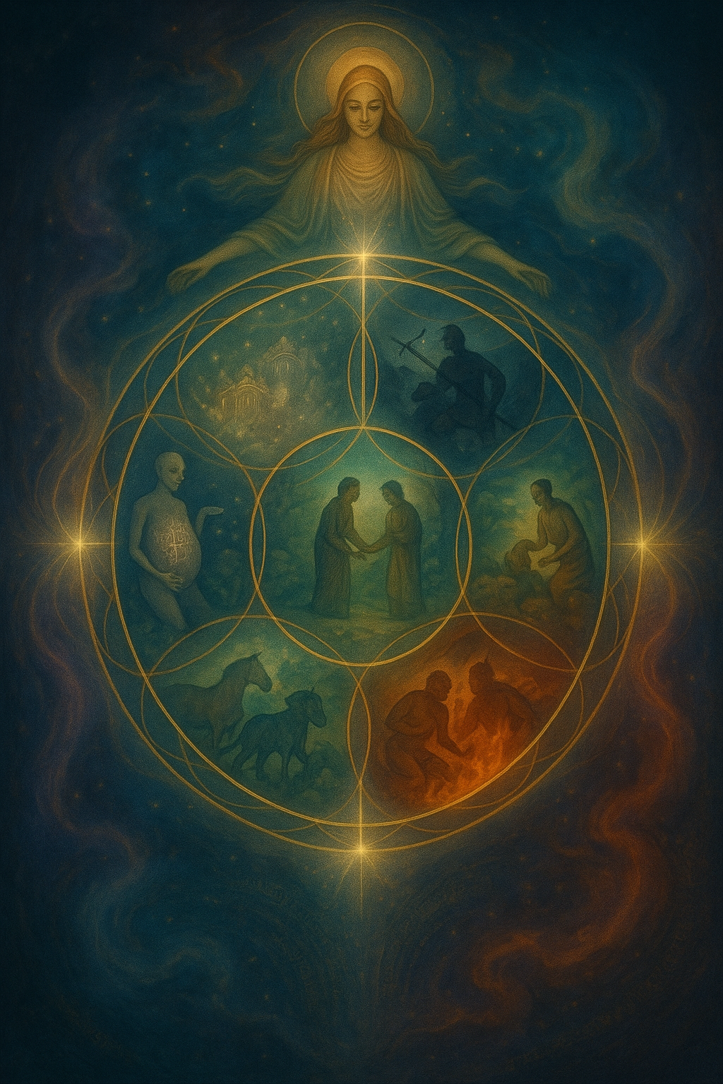 A cosmic mirror reflecting six realms, gods, demigods, humans, animals, hungry ghosts, and hell-beings, each emerging from shifting light and shadow across a spiraling path