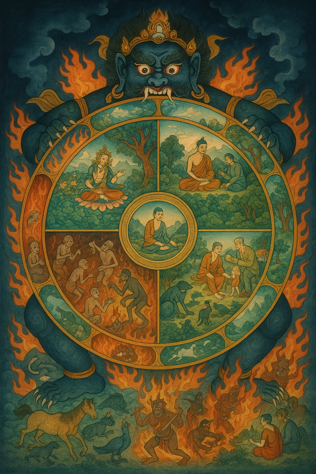 A cosmic wheel turning through six realms, gods, humans, animals, hungry ghosts, and hell-beings, with glowing karmic threads binding souls across lifetimes
