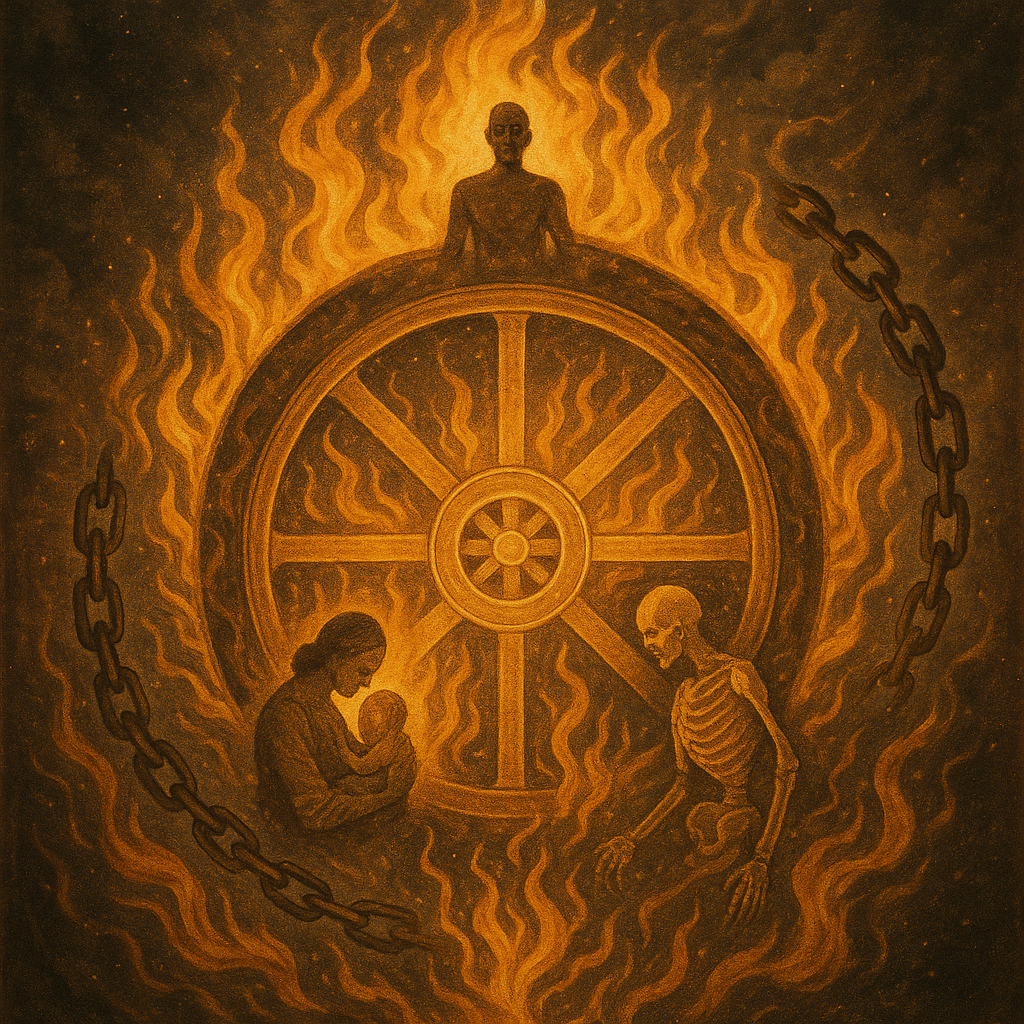 A vast cosmic wheel turning, with figures of birth, death, and rebirth, surrounded by flames of desire and chains of karma