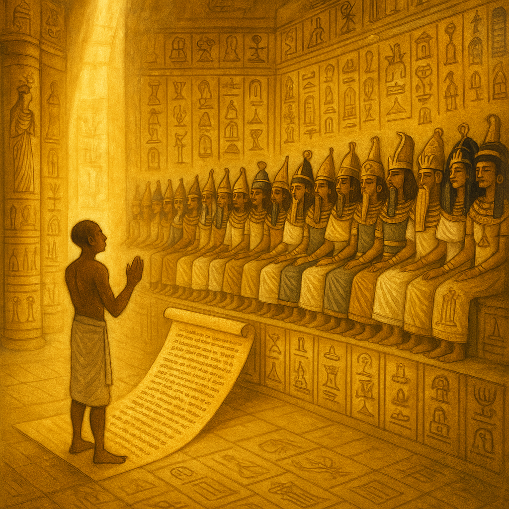 Ancient scroll with 42 Negative Confessions, flanked by divine judges, in a sacred chamber of judgement