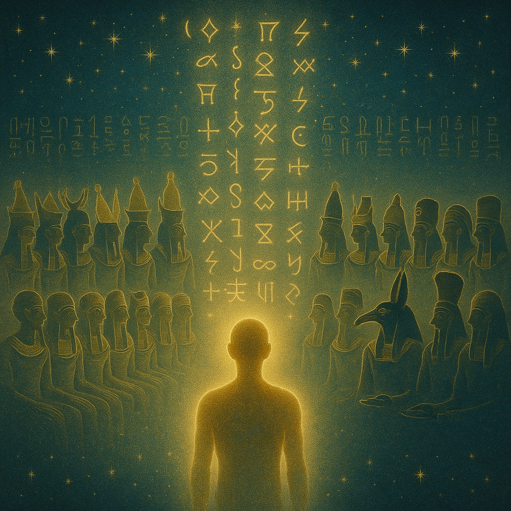 A radiant soul stands in a cosmic courtroom before 42 glowing divine beings, speaking a truth that echoes as light