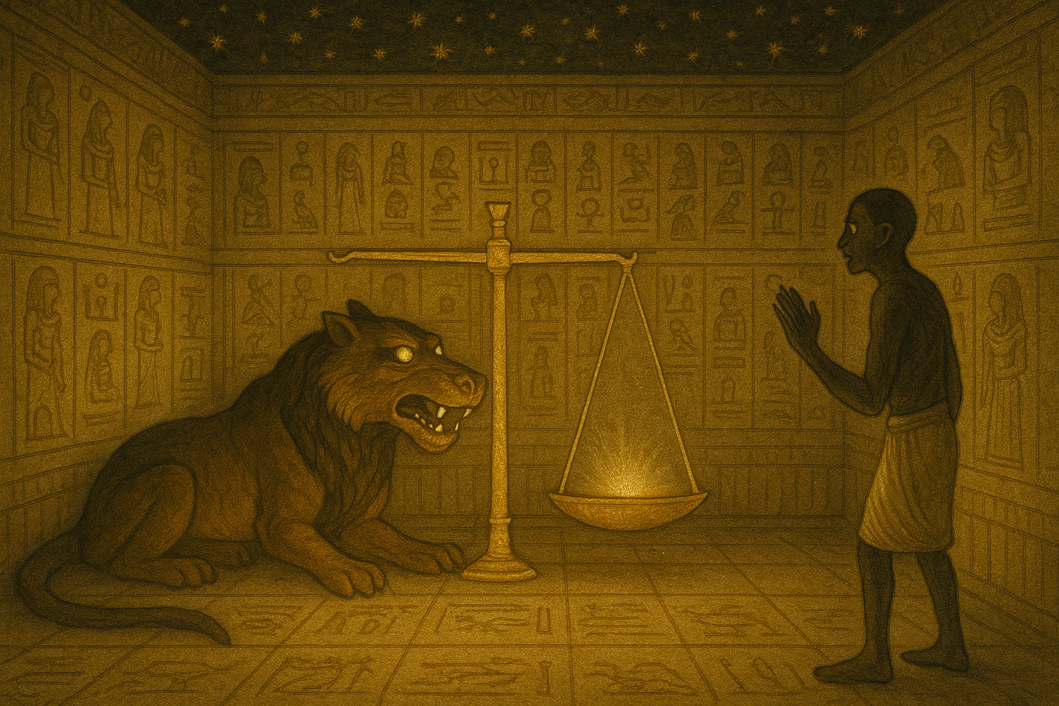 Ammit crouching beside the scale in the Hall of Ma’at, jaws open beneath a starry ceiling