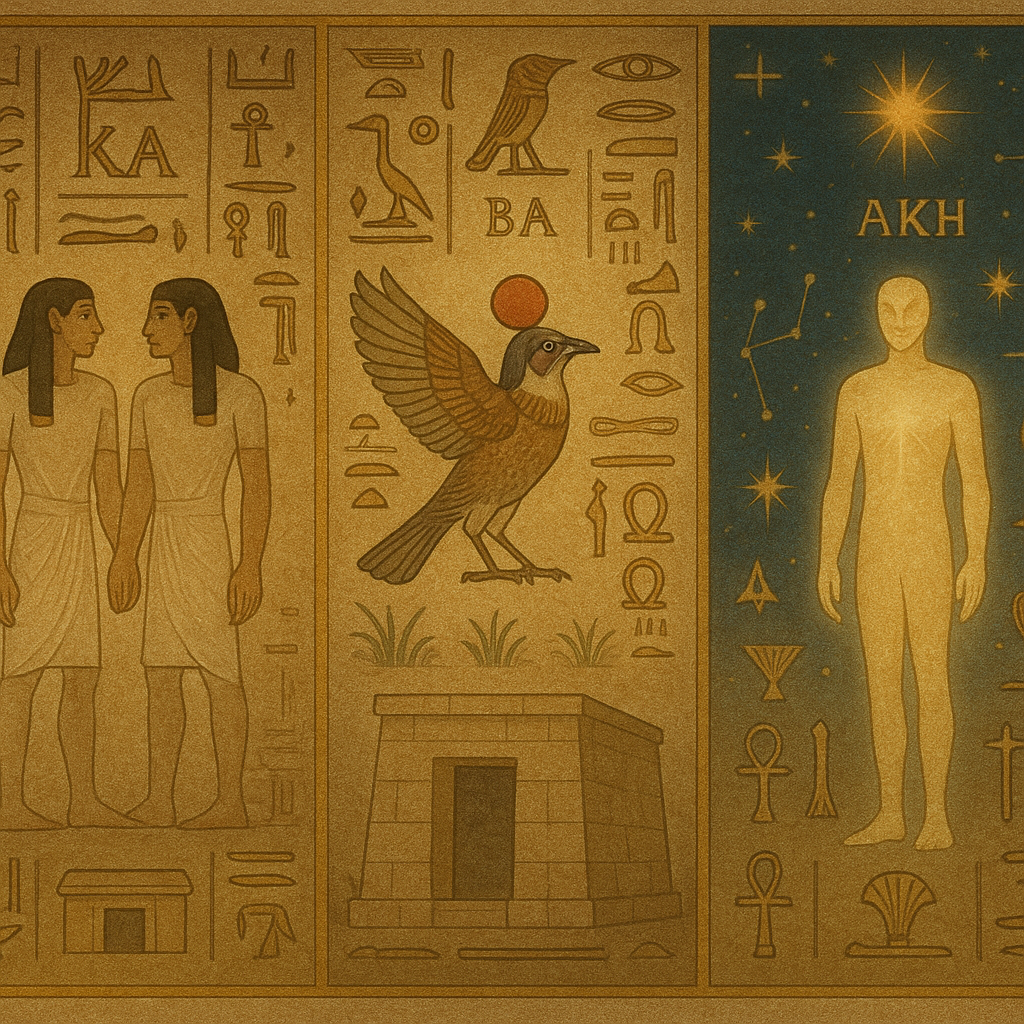 Three-part Egyptian soul: Ba bird, Ka double, Akh radiant star-form