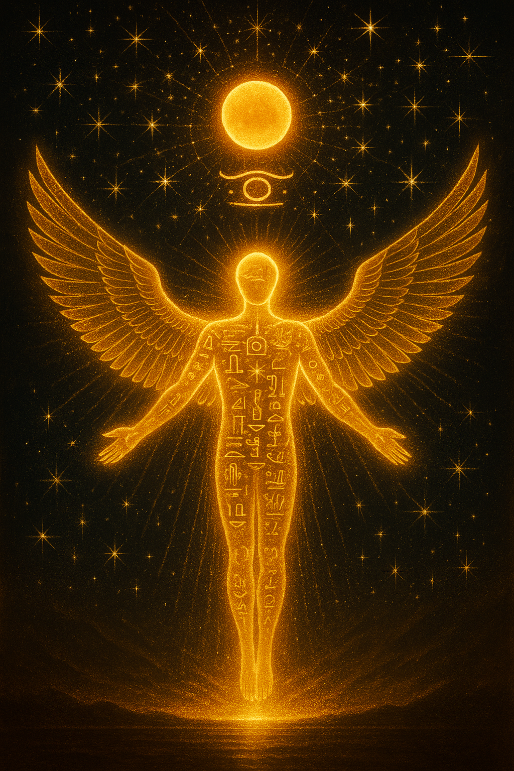 A radiant soul-form with wings and starlight rises into the horizon, glowing with golden glyphs and cosmic fire