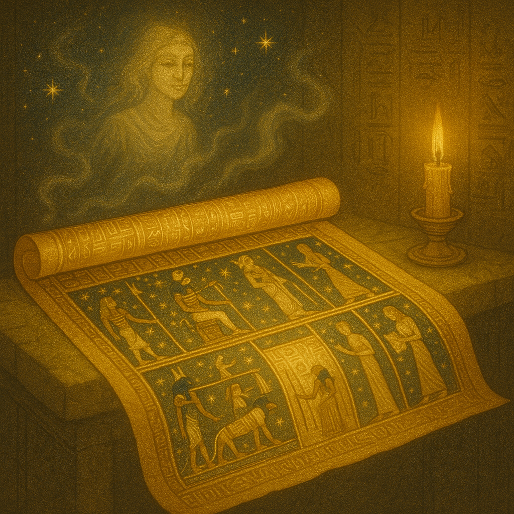 A sacred papyrus scroll of the Book of the Dead, with vivid spells and hieroglyphs glowing in golden light
