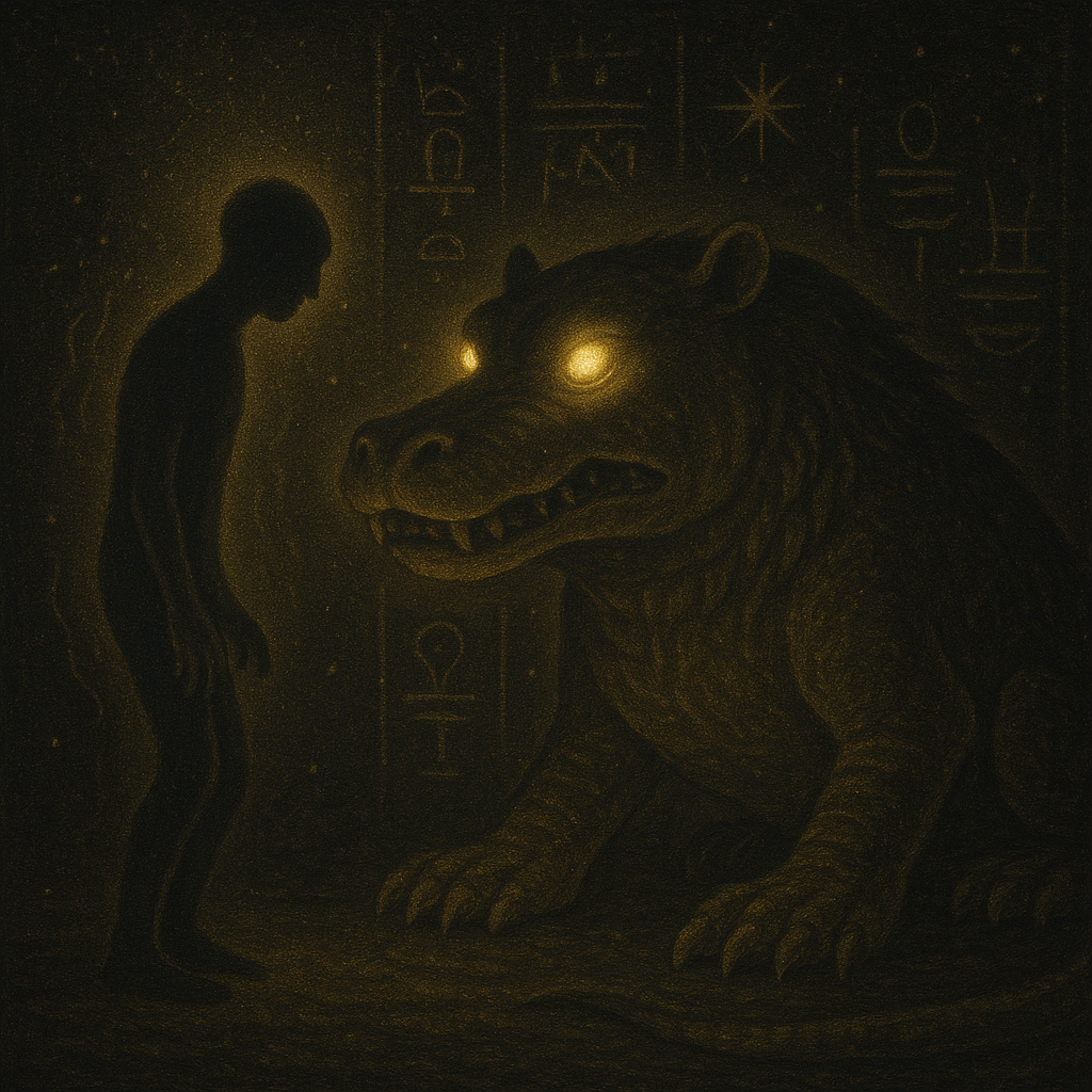 A shadowy figure stands before the crocodile-lion Ammit, as the light around them flickers and fades
