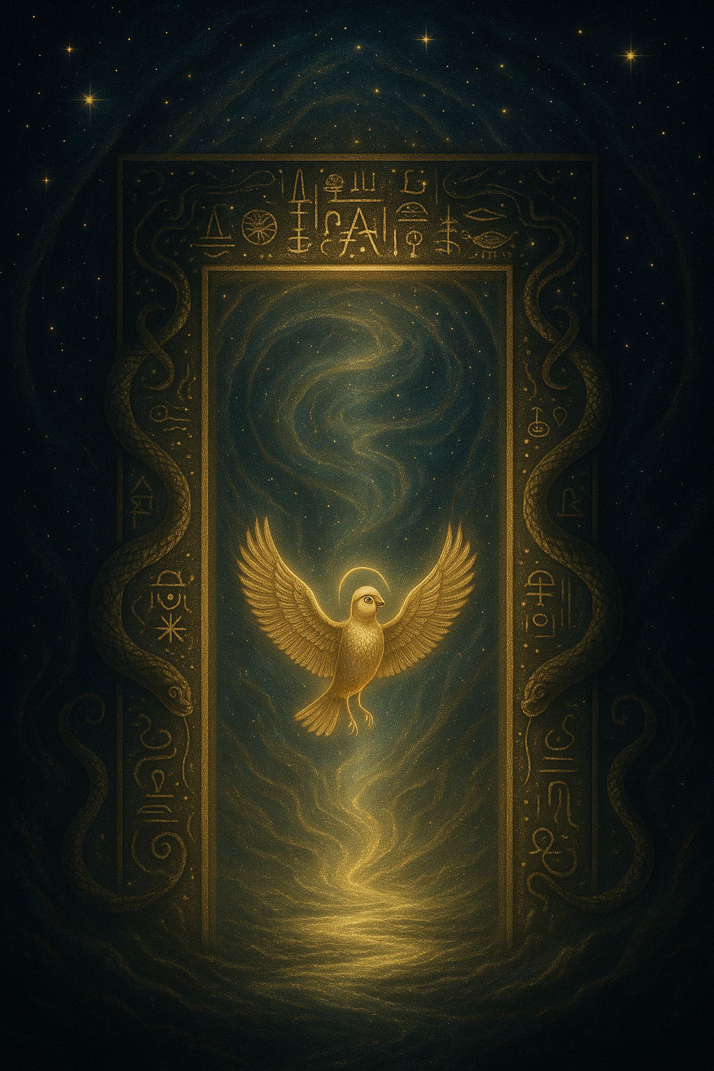 An ancient gate into the Du”st, glowing with hieroglyphs and guarded by serpent-like figures