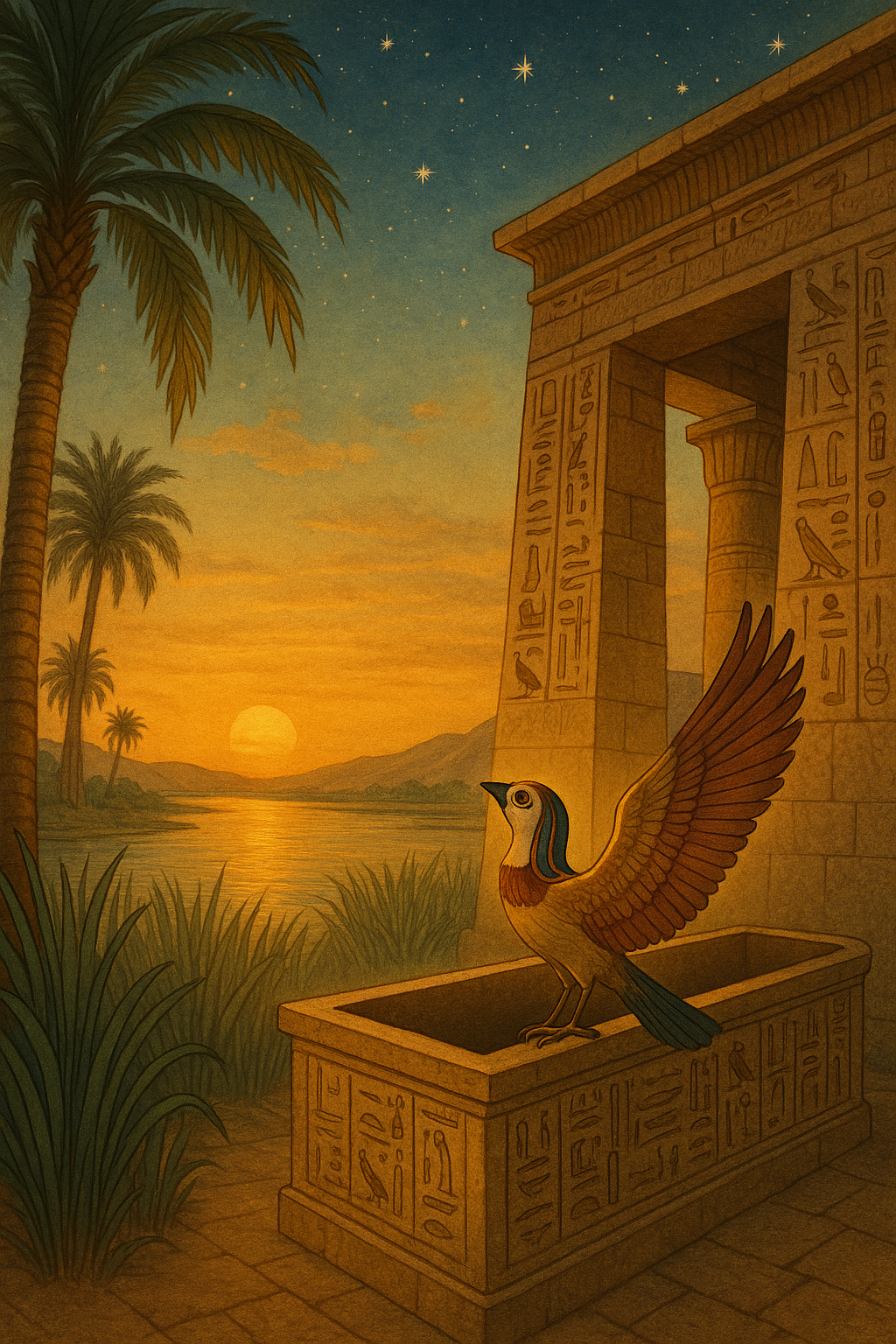 Soul rising from the tomb as Ba-bird at sunrise along the Nile