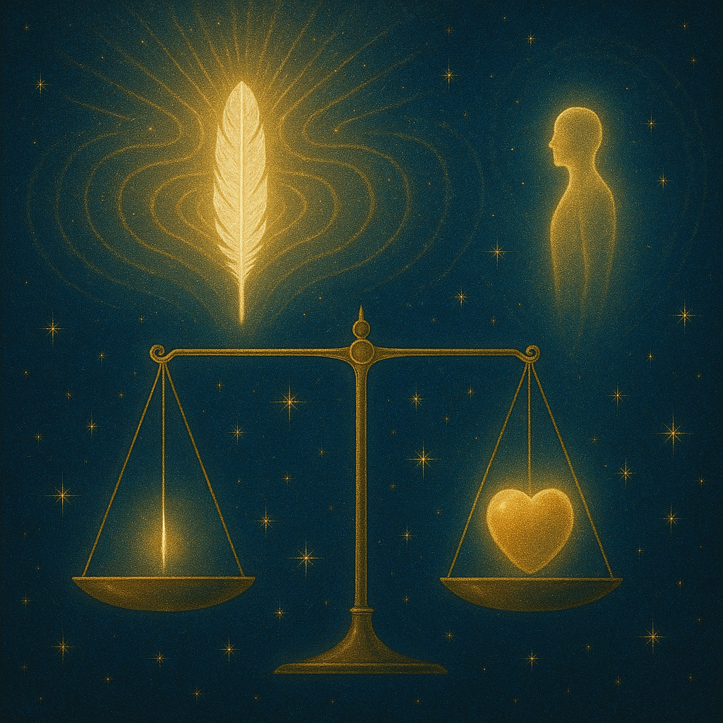 A glowing white feather levitates above a golden heart, surrounded by radiating light, while the soul hovers in peaceful alignment
