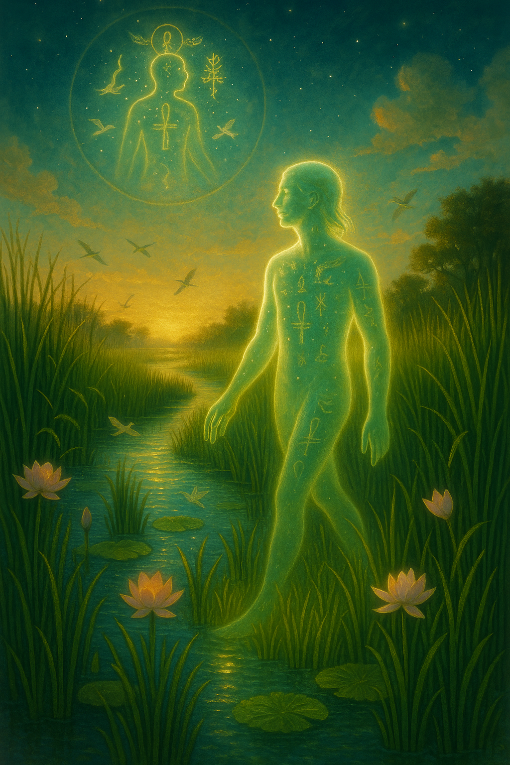 A soul walks through glowing green reeds, birds flying, with their reflection forming in the sky above