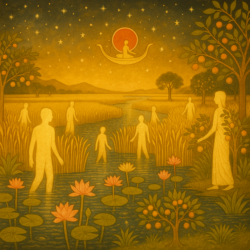 A shining field of golden reeds, glowing souls walking among lotuses and divine light
