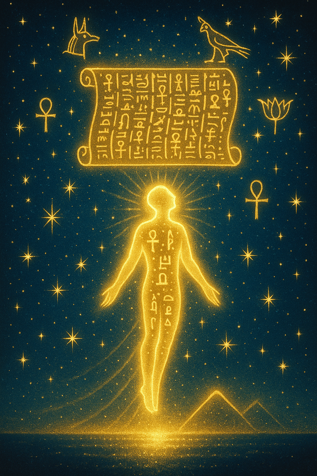 A radiant scroll inscribed with glowing hieroglyphs floats above a luminous soul, rising into a starlit sky